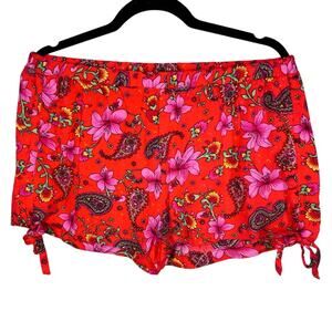 Cotton Express, Size Large, Red Floral Rayon Shorts, Casual, Adjustable, Boho